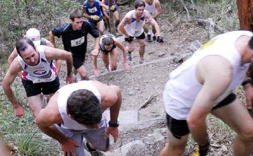 Runners test their endurance on their way up the steep track in the gruelling King of the Mountain. Runners test their endurance on their way up the steep track in the gruelling King of the Mountain.